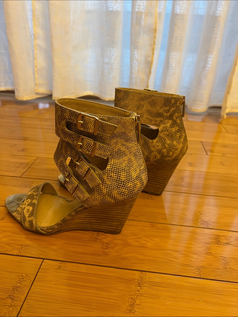 Emilio Pucci Yellow Snake-Print Wedge Sandals with Buckles